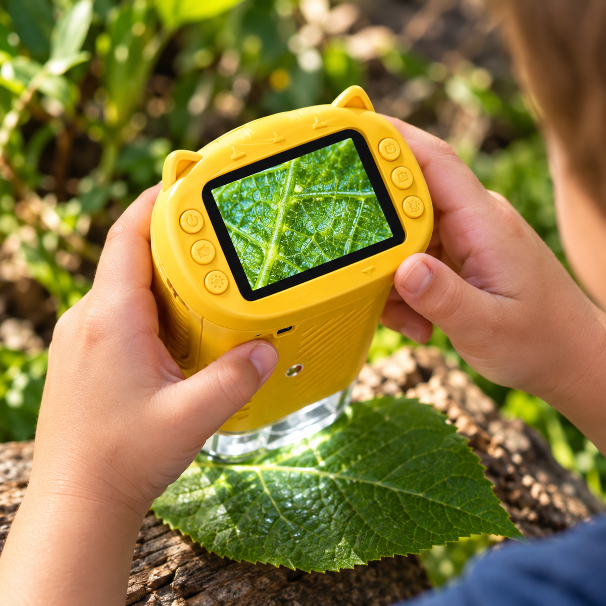 Child examining a green leaf with a yellow Zoomi microscope, with magnified leaf veins visible on its screen.