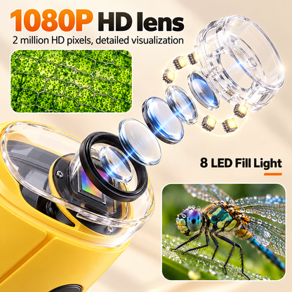 Exploded view of Zoomi’s lens and eight LED lights, with close-ups of plant cells and a dragonfly