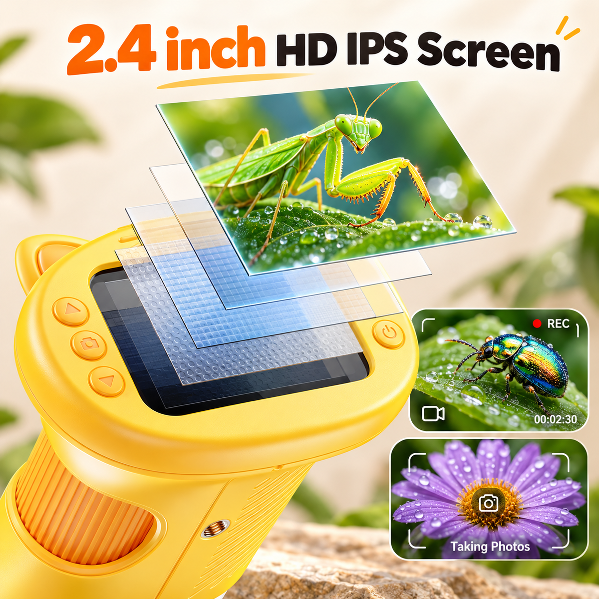 Yellow Zoomi microscope showcasing its HD screen, with insect and flower photo and video examples.