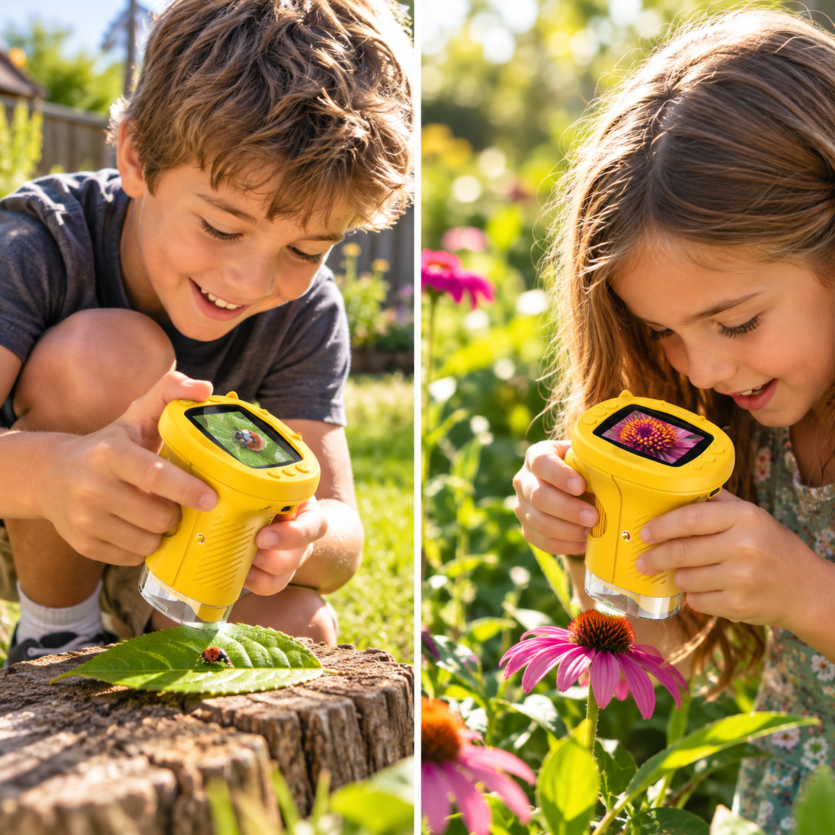  Two children using yellow Zoomi microscopes outdoors to examine a ladybird on a leaf and a pink flower.